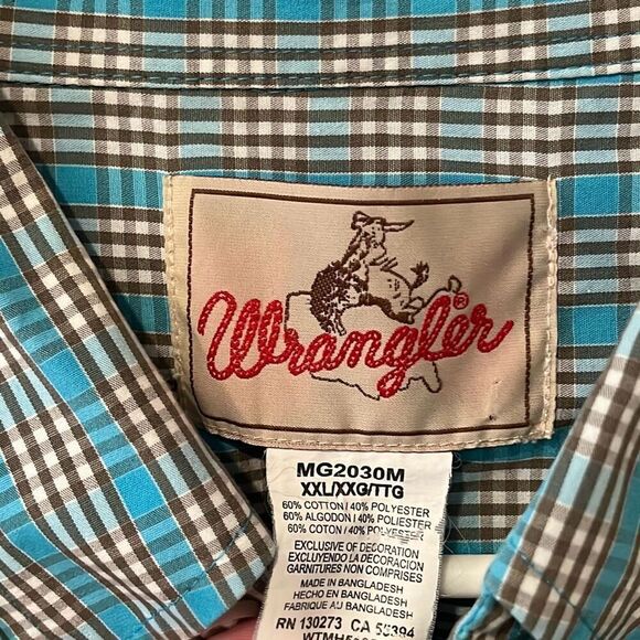 Wrangler Blue and Tan Plaid Long Sleeve Button Front Shirt Size XXL - Picture 2 of 4